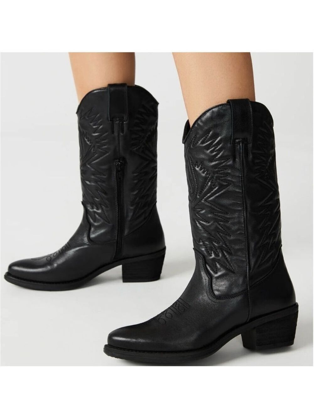 Steve Madden HAYWARD BLACK LEATHER boots Western Cowboy Boots Cowgirl Sz 6.5 - Picture 2 of 12